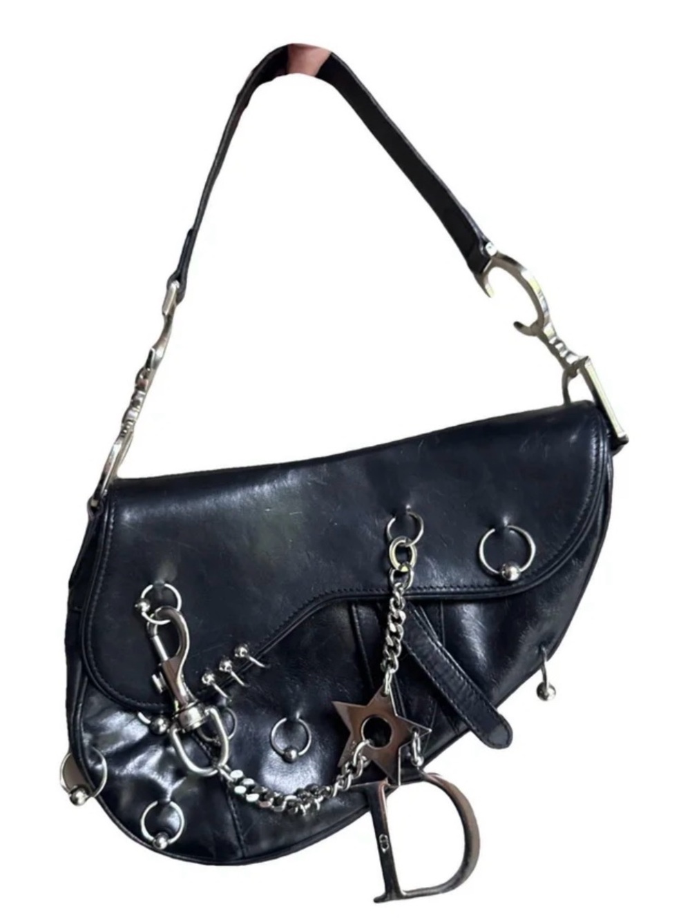 Christian Dior pierced Black Leather Shoulder Bag with Metal Charm Accents